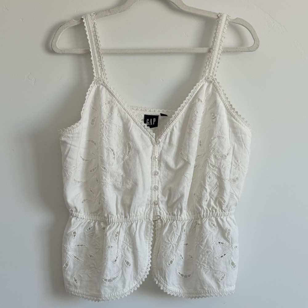 Gap White Eyelet Lace Babydoll Cami Top Cotton Woman M Coquette Scandi Coastal